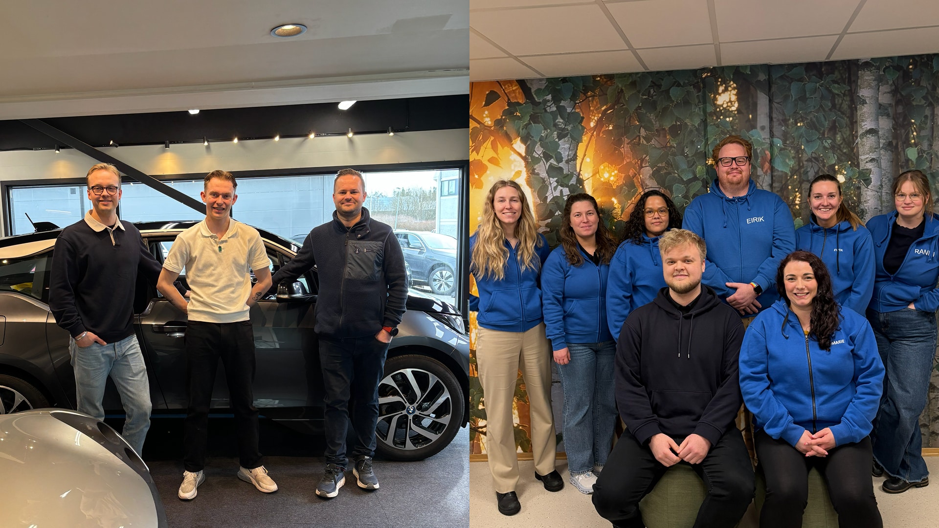 To grupper mennesker poserer innendørs; den venstre gruppen står ved en bil i et utstillingslokale, mens den høyre gruppen står og sitter foran en løvvegg, de fleste iført blå klær.