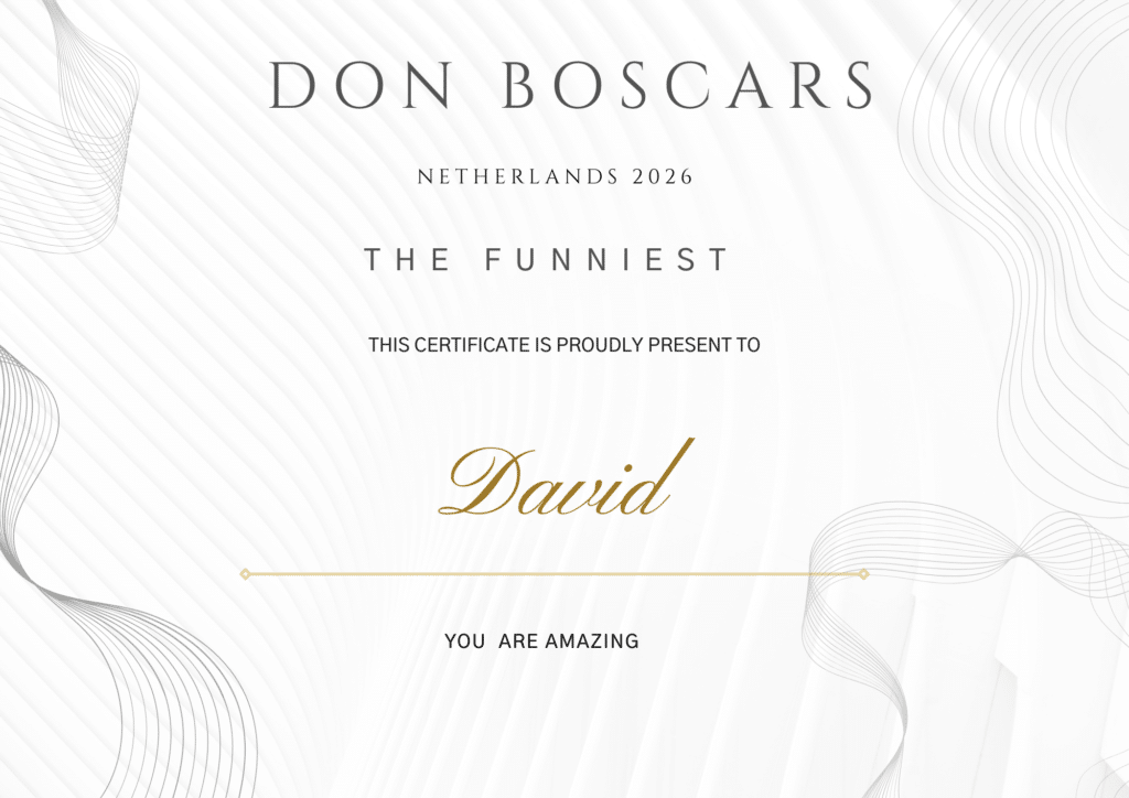 Et sertifikat med tittelen "Don Boscars Nederland 2026" tildelt David for å være "Den morsomste" med påskriften "Du er fantastisk.