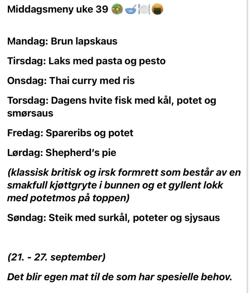 Meny for uke 39, med oversikt over dagens middagsretter fra mandag til søndag, 21.–27. september.