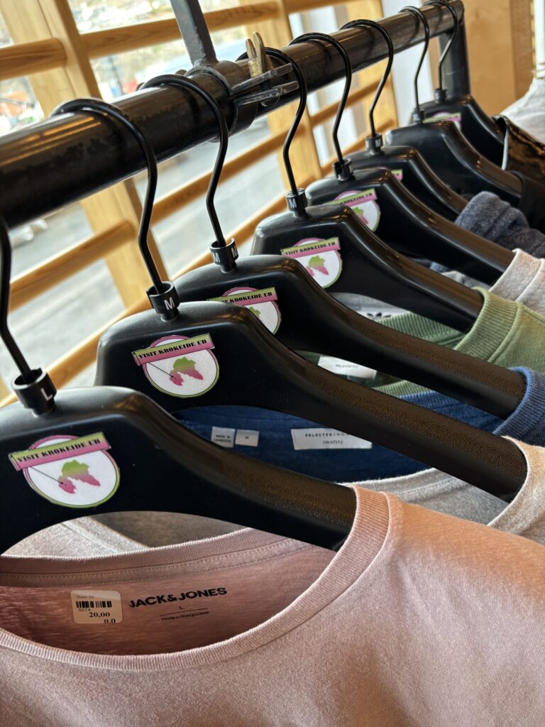 En rekke med ulike fargede skjorter på svarte kleshengere, utstilt på et klesstativ i en butikk. På etikettene på kleshengerne står det "JUST ARRIVED IN.