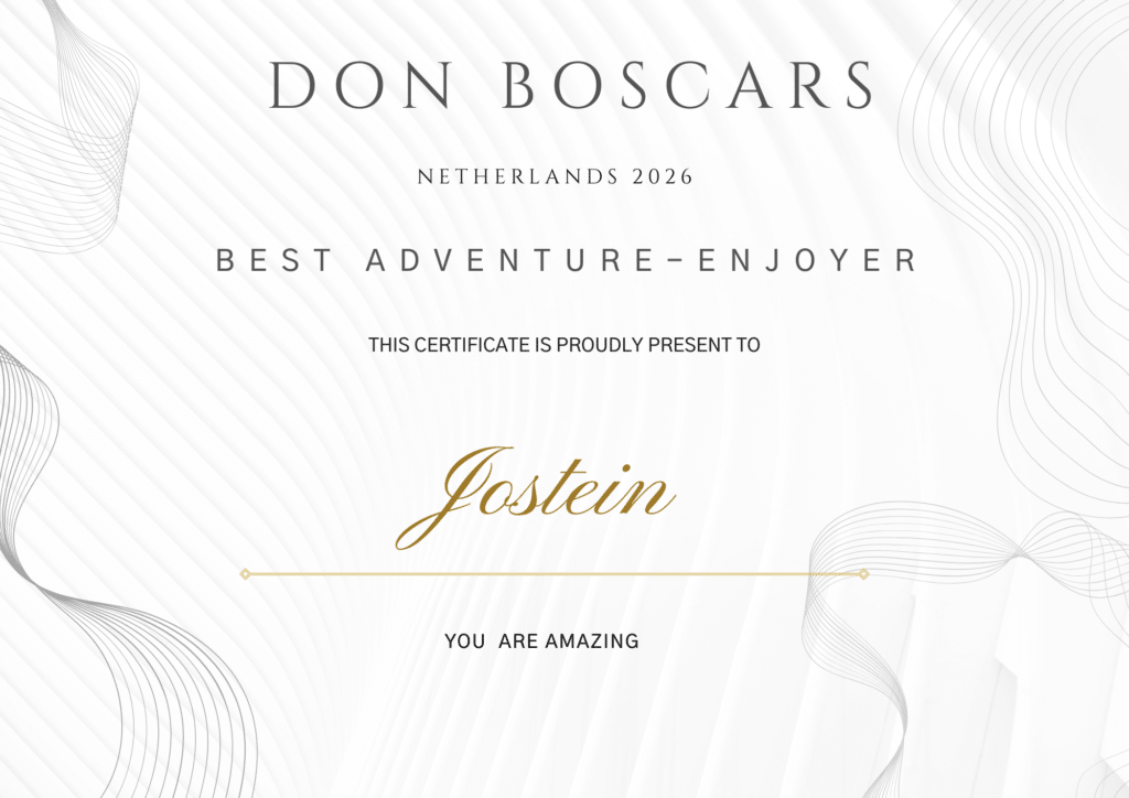 Sertifikat for "Best Adventure-Enjoyer" tildelt Jostein på Don Boscars, Nederland 2026, med teksten "You are amazing" nederst.
