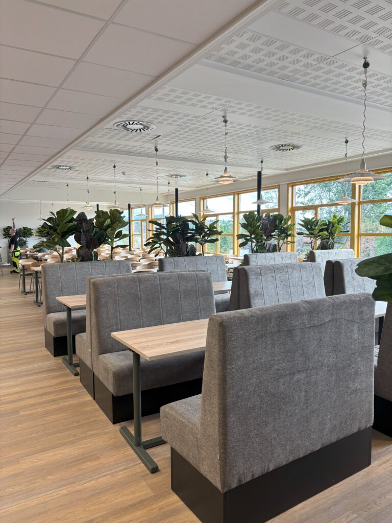 Rader med grå, polstrede båser med trebord i spisesalen, med store potteplanter mellom de ulike seksjonene og vinduer langs sideveggen.
