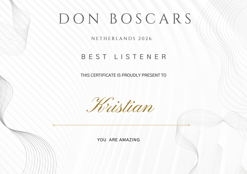 Sertifikat med tittelen "Don Boscars Nederland 2026" tildelt Kristian for "Beste lytter" med budskapet "Du er fantastisk" på en hvit bakgrunn med abstrakte strekmønstre.