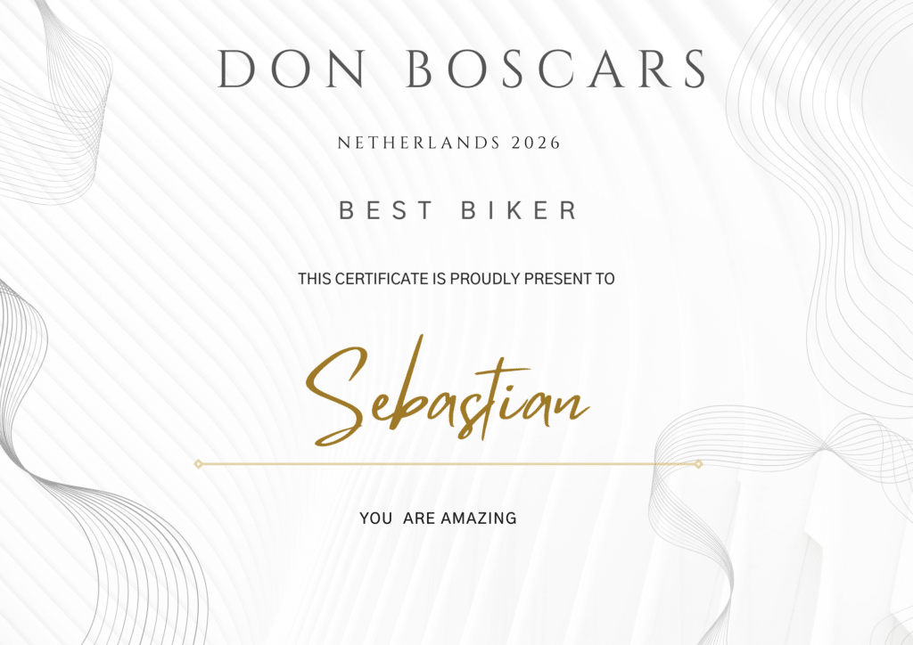 Sertifikat med tittelen "Don Boscars Netherlands 2026 Best Biker", tildelt Sebastian, med påskriften "You are amazing" nederst. Abstrakte linjer dekorerer bakgrunnen.