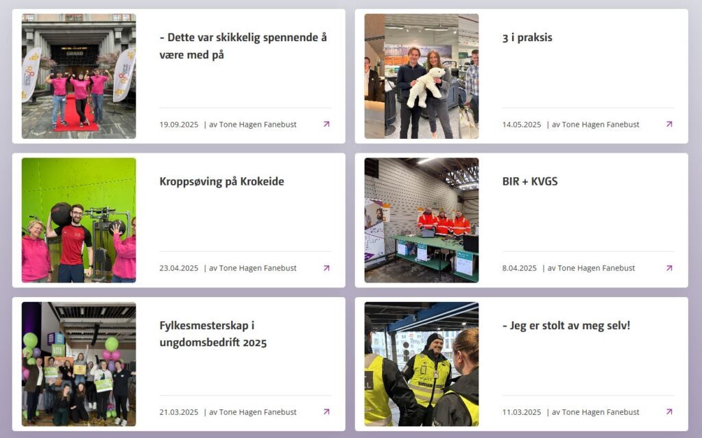 Et rutenett med seks nyhetsartikler med bilder, overskrifter og datoer; bildene viser grupper av mennesker på arrangementer, i idrettsmiljøer eller i arbeidsmiljøer.