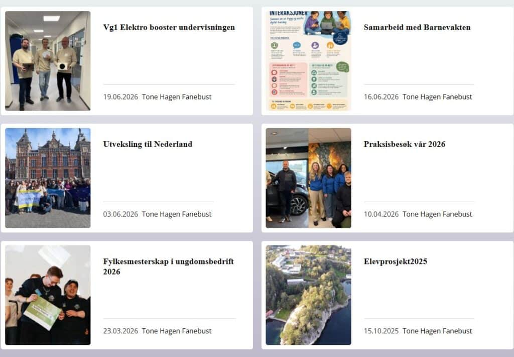 Skjermbilde_blogg juni2026 Et rutenettoppsett med seks arrangementskort, hvert med et bilde, arrangementstittel, dato og forfatter. Arrangementene omhandler utdanning, samarbeid, reiser og studentprosjekter fra 2023 til 2026.