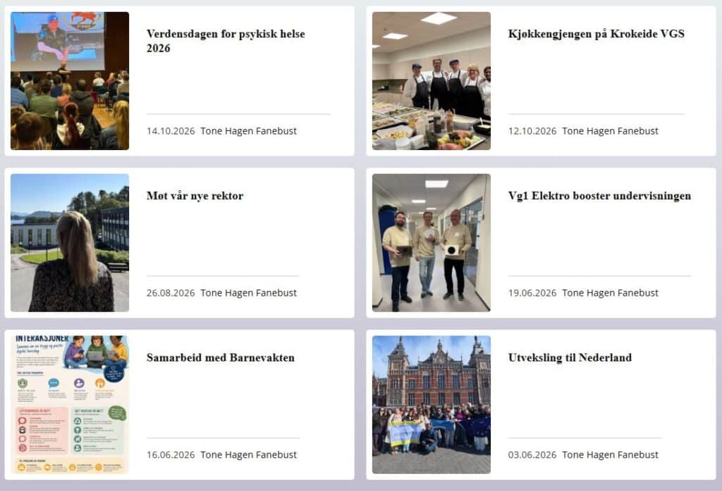 Skjermbilde_blogg okt2026 Et rutenett med seks nyhetsartikler fra nettsteder, der hver artikkel inneholder et bilde, en overskrift, en dato og navnet på forfatteren.