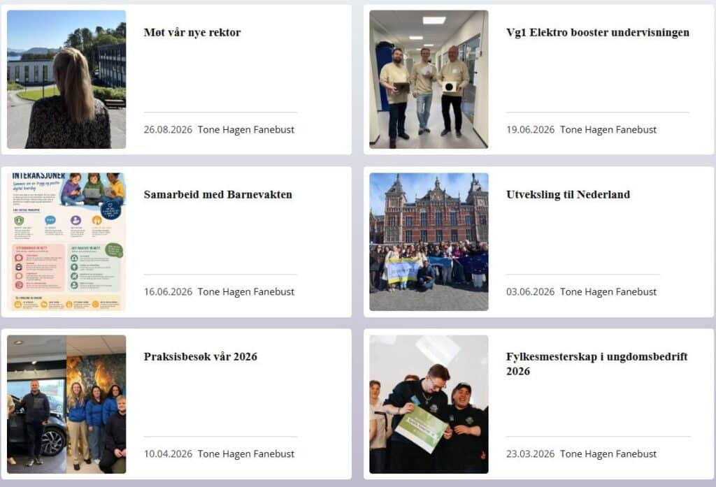 Skjermbilde_blogg sept2026 Et rutenett med seks nyhetsartikler, hver med tittel, dato, forfatter og bilde som viser ulike skolerelaterte begivenheter, møter og gruppeaktiviteter.