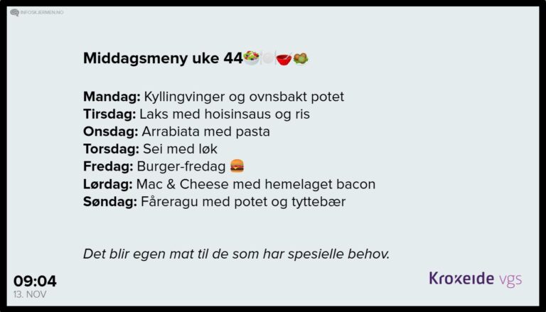 Ukens middagsmeny for uke 44 med daglige måltider fra mandag til søndag, inkludert hovedretter som kyllingvinger, laks, pasta, fisk, burger, mac & cheese og lam.