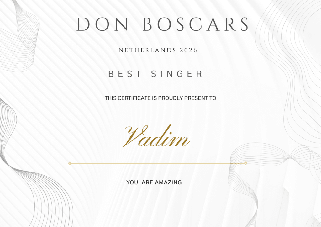 Sertifikat for "Beste sanger" ved Don Boscars Nederland 2026, overrakt Vadim, med budskapet "You are amazing" i et dekorativt design.
